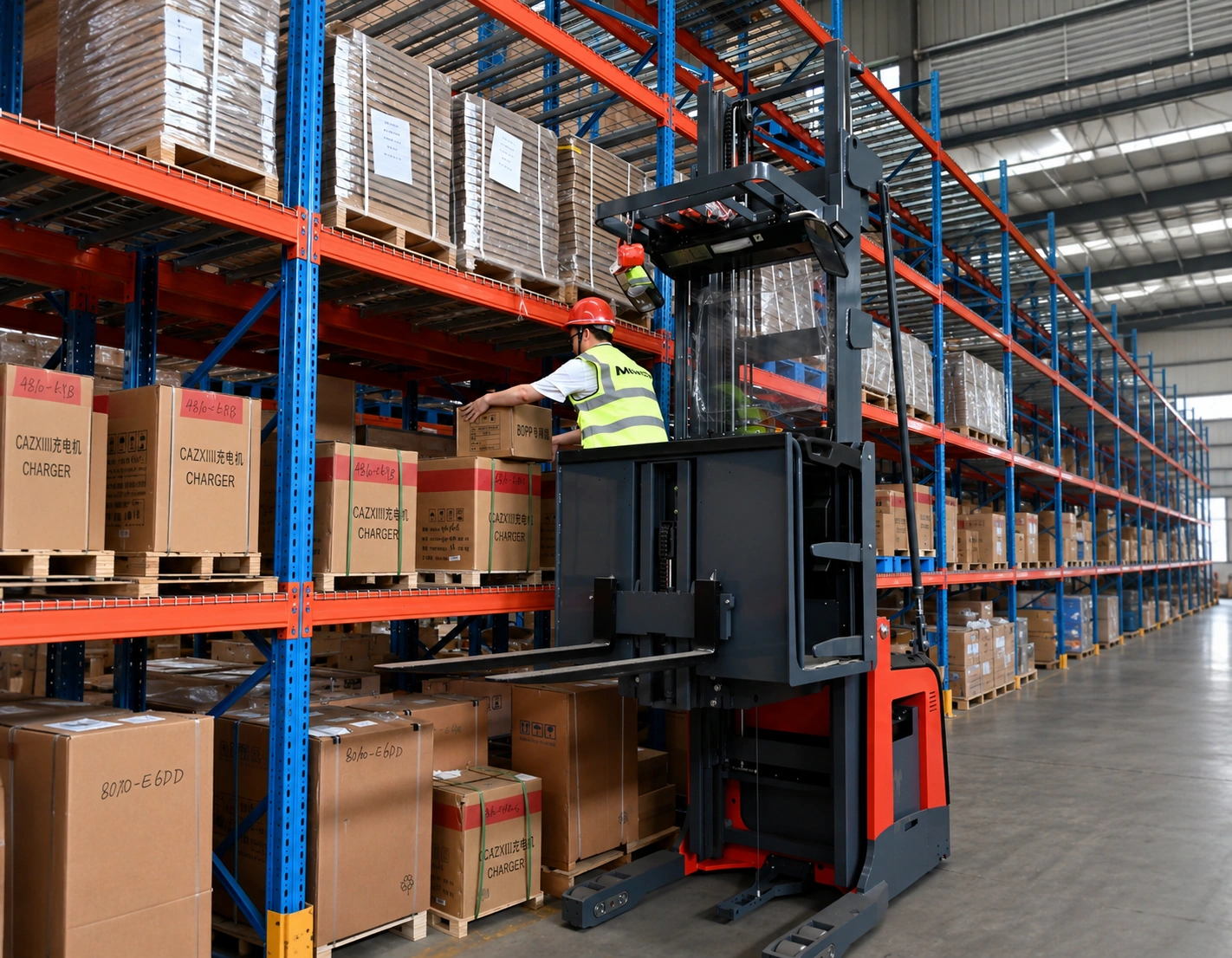 Preparador de pedidos eléctrico MiMA utilizado para picking y control de inventario en almacén